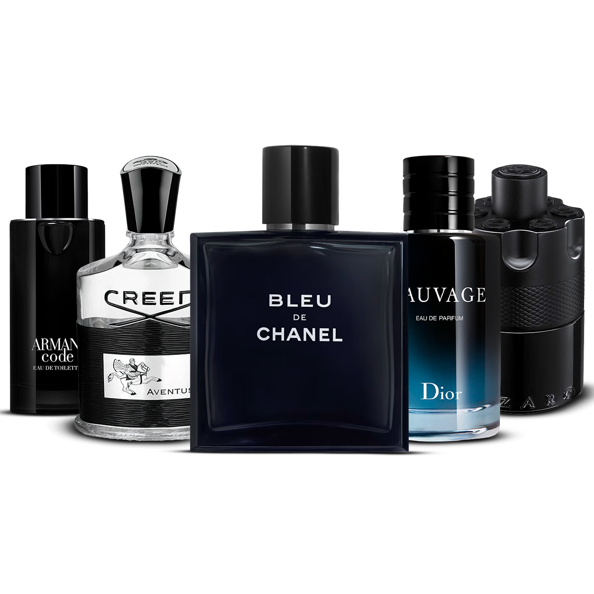 Combination of 5 men's perfumes – Armani Code Eau de Toilette, Aventus, Bleu de Chanel, Sauvage Eau de Parfum and The Most Wanted [100 ml each]
