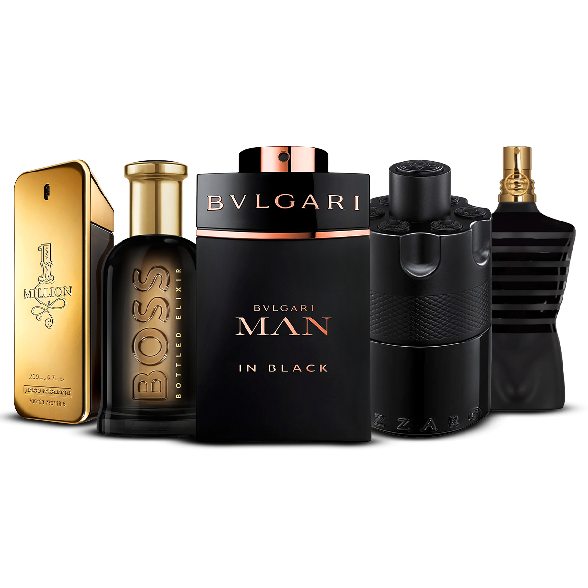 Combination of 5 men's perfumes – 1 Million, Boss Bottled Elixir, Bvlgari Man In Black, Wanted and Le Male Le Parfum [100 ml each]