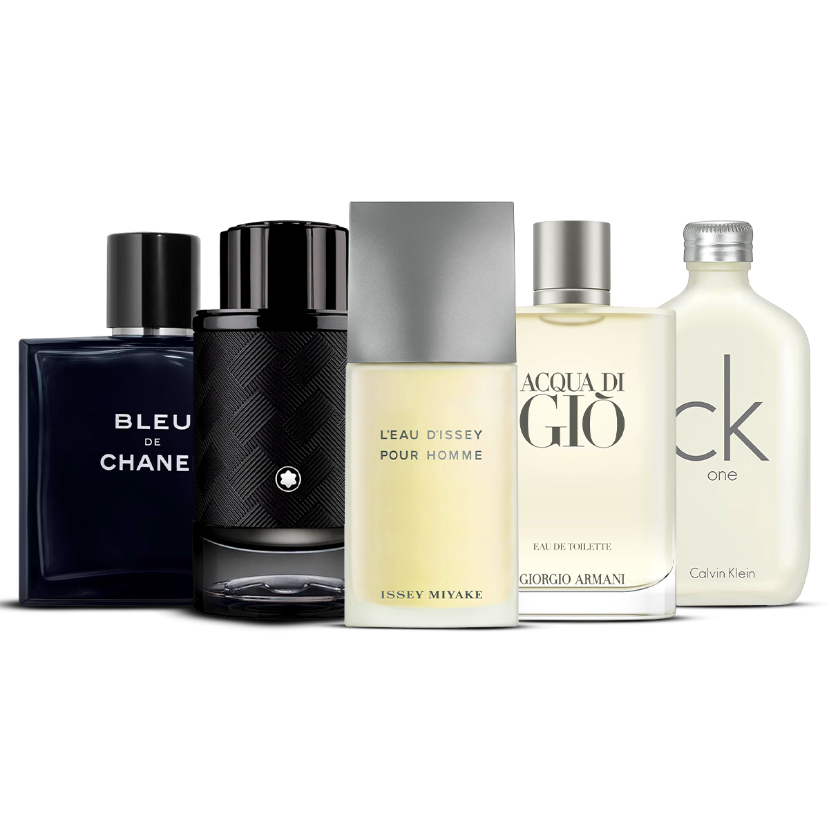 Combination of 5 men's perfumes – Bleu de Chanel, Explorer, L’Eau d’Issey Pour Homme, Acqua di Giò and CK One [100 ml each]