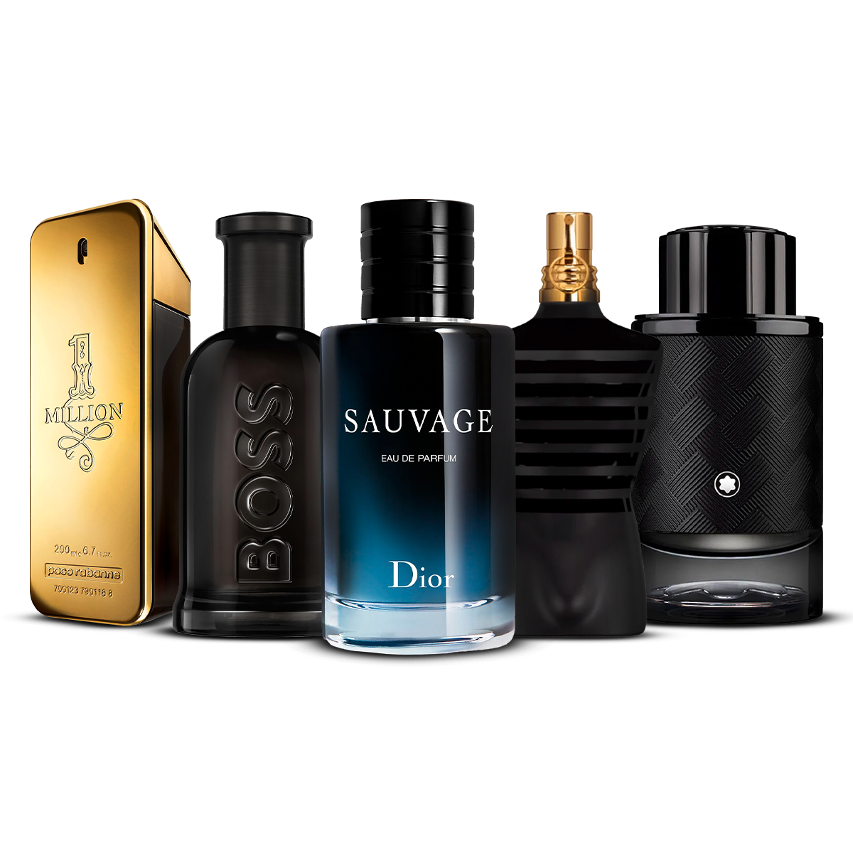 Combination of 5 men's perfumes – 1 Million, Boss Bottled Elixir, Sauvage Eau de Parfum, Le Male Le Parfum and Explorer [100 ml each]