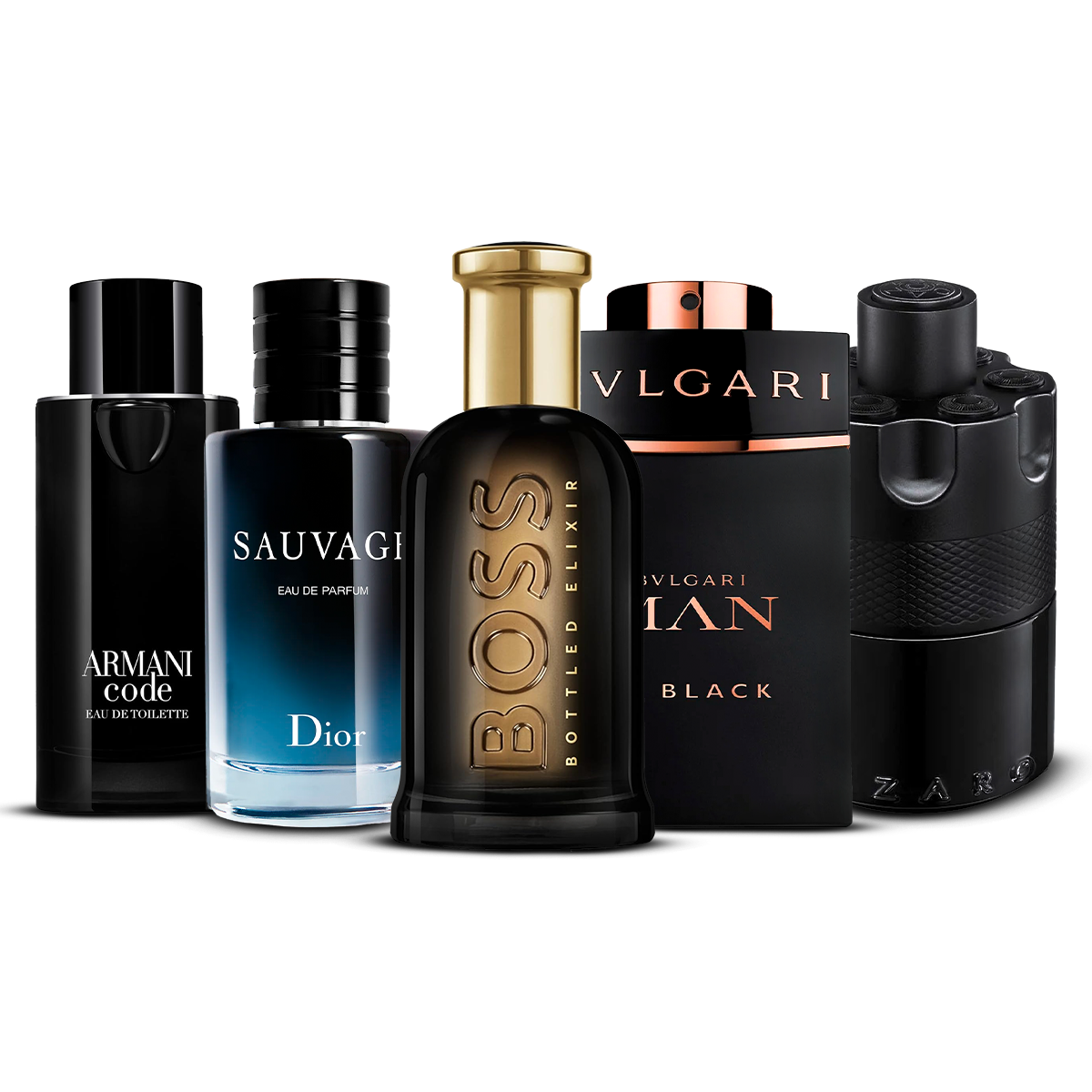 Combination of 5 men's perfumes – Armani Code, Sauvage Eau de Parfum, Boss Bottled Elixir, Bvlgari Man In Black and Wanted [100 ml each]