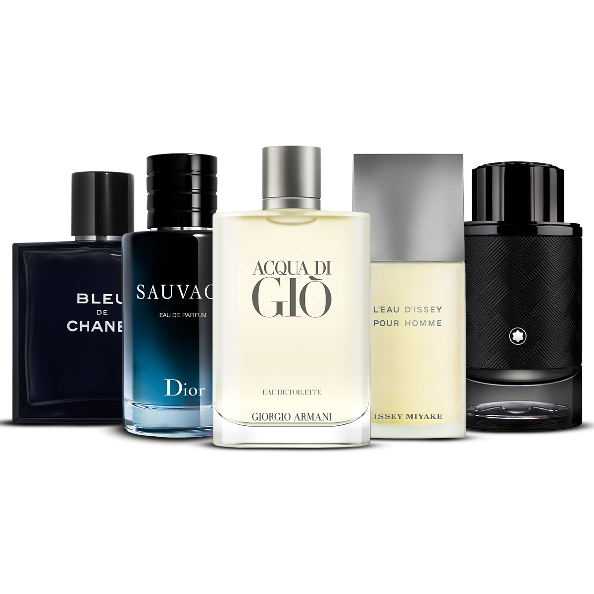 Combination of 5 men's perfumes – Bleu de Chanel, Sauvage Eau de Parfum, Acqua di Giò, L’Eau d’Issey Pour Homme and Explorer [100 ml each]