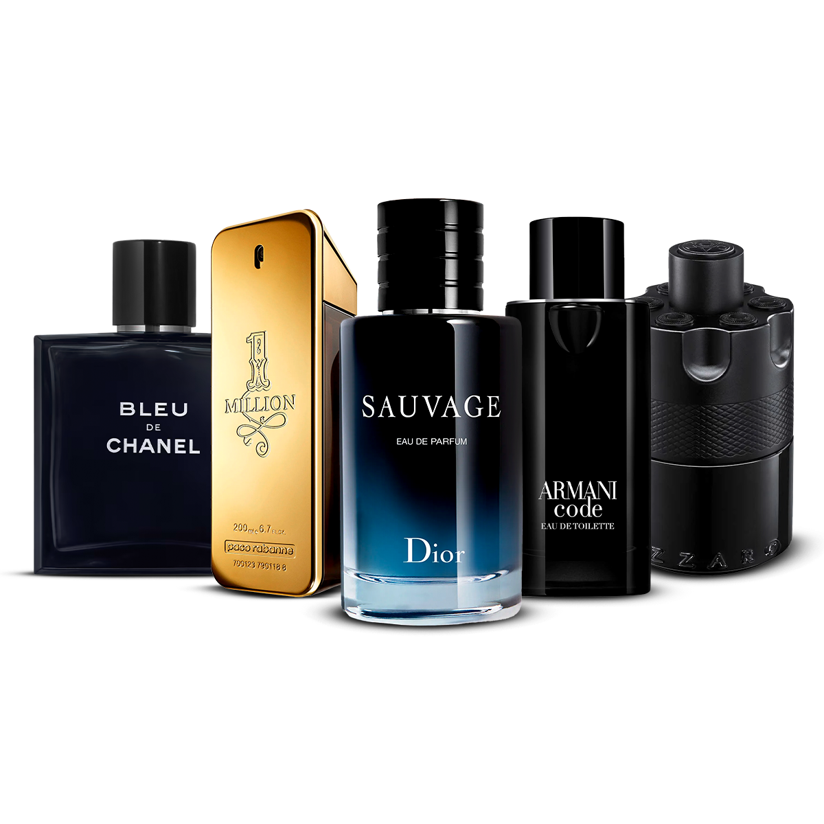 Combination of 5 men's perfumes – Bleu de Chanel, 1 Million, Sauvage, Armani Code and Wanted [100 ml each]